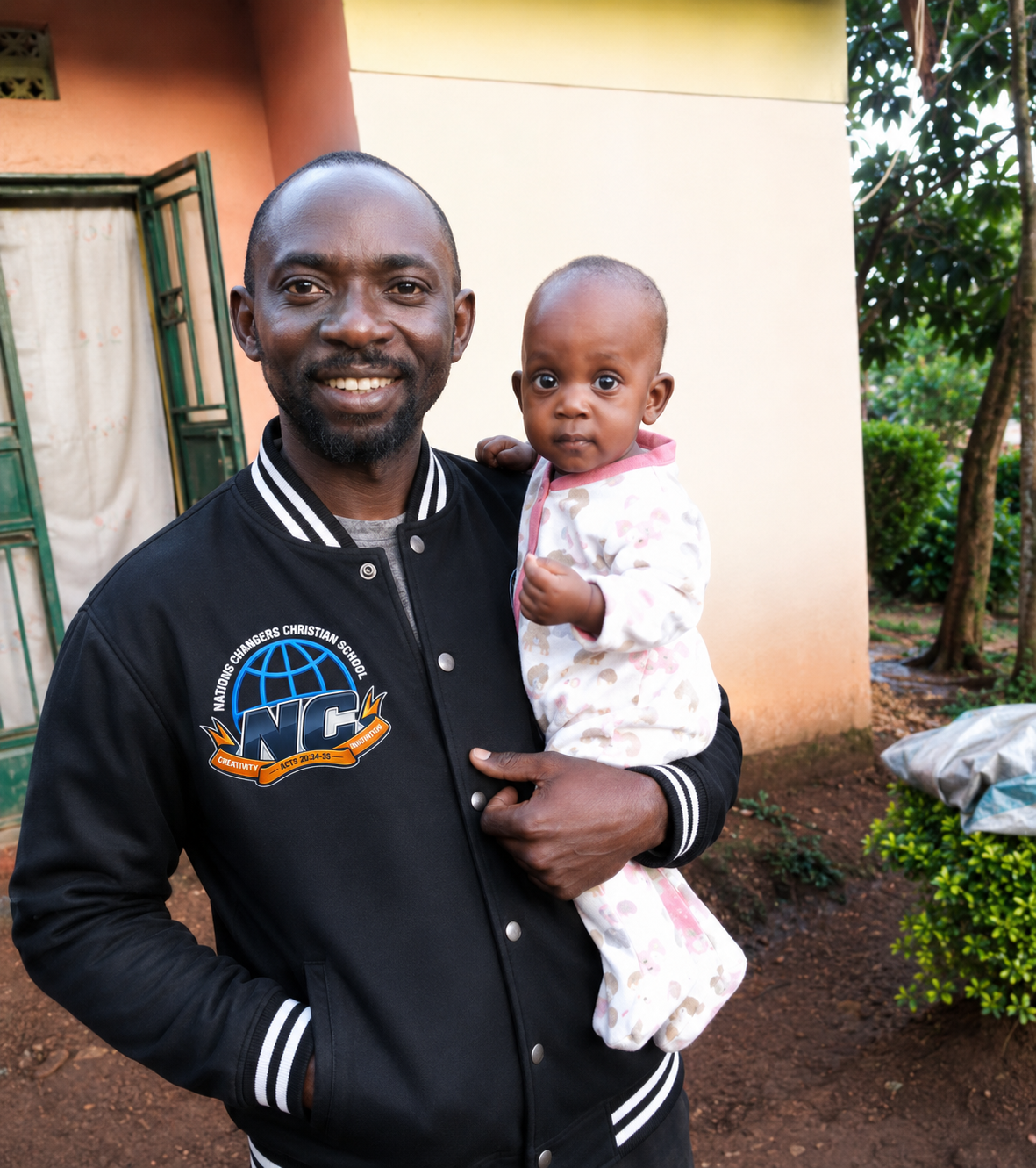 Makanga Godwin holding one of the youngest children in the community